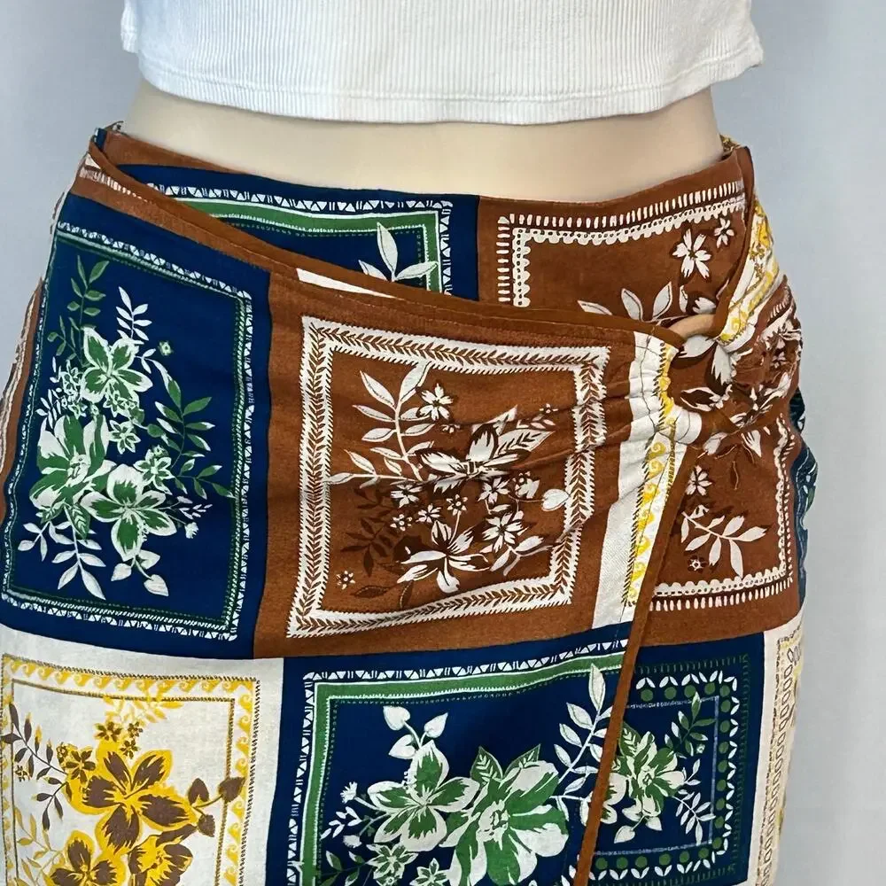 Y2K Linen Blend Scarf Print Sarong Wrap Midi Skirt Boho Coastal Small